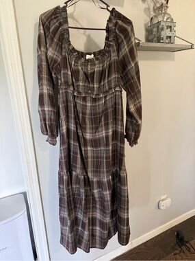 bohme Brown Plaid Ruffled Midi Dress
